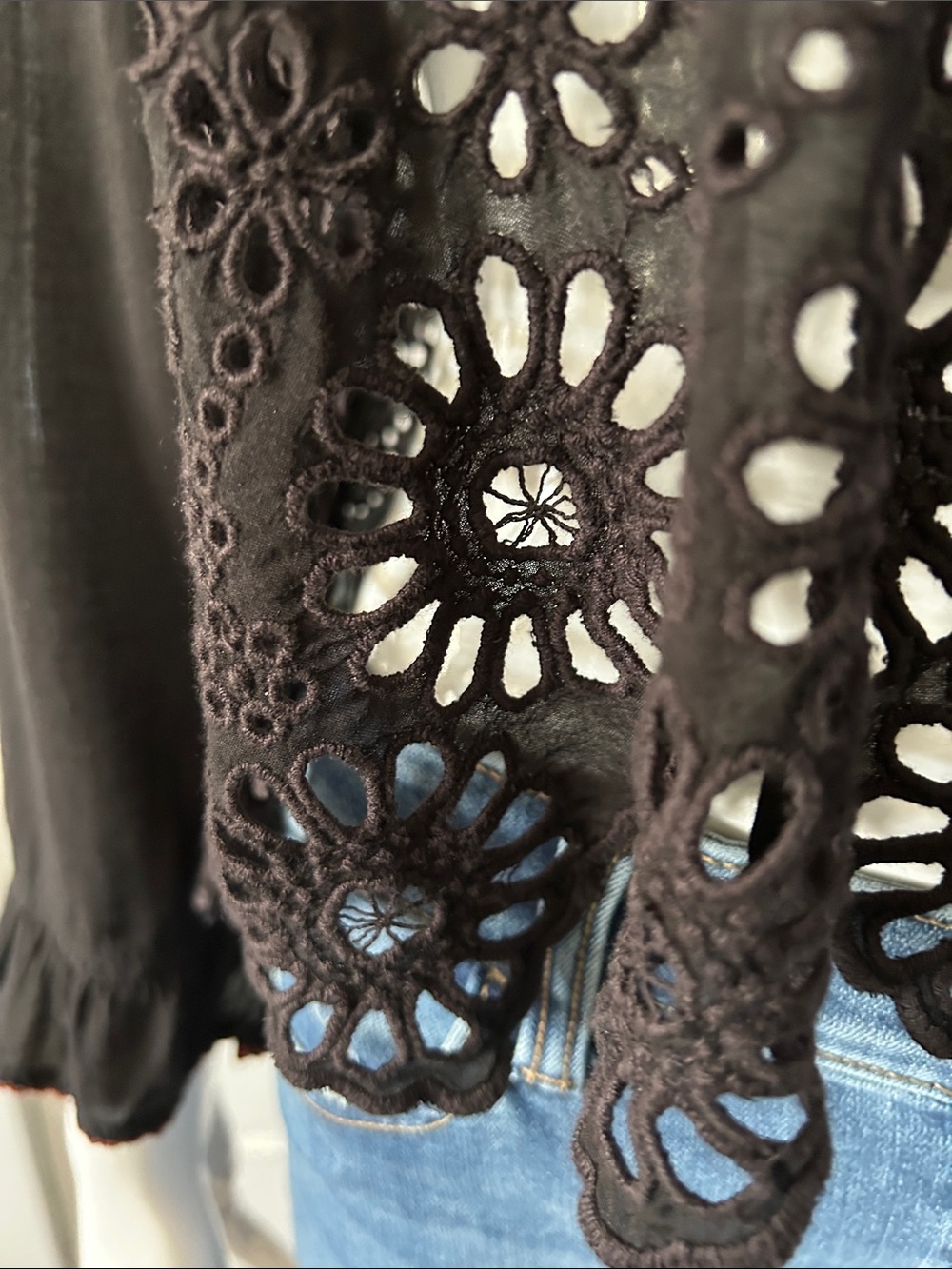 GANNI Emile Viscose Lace Top | Black Floral Eyelet Blouse | IT 42 Small-Medium - Picture 15 of 16